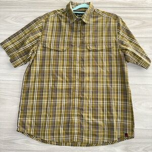 Woolrich Men's Large Fishing Cape Vented Short Sleeve‎ Snap Shirt Green EUC